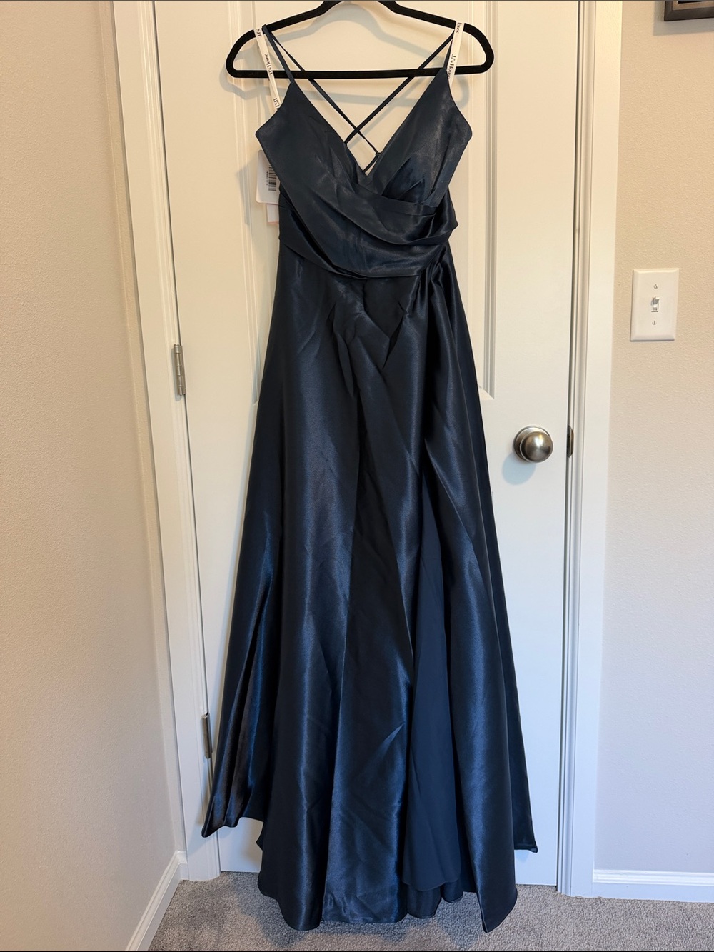 JJs House Midnight Blue Satin Crisscross Strap Prom Gown